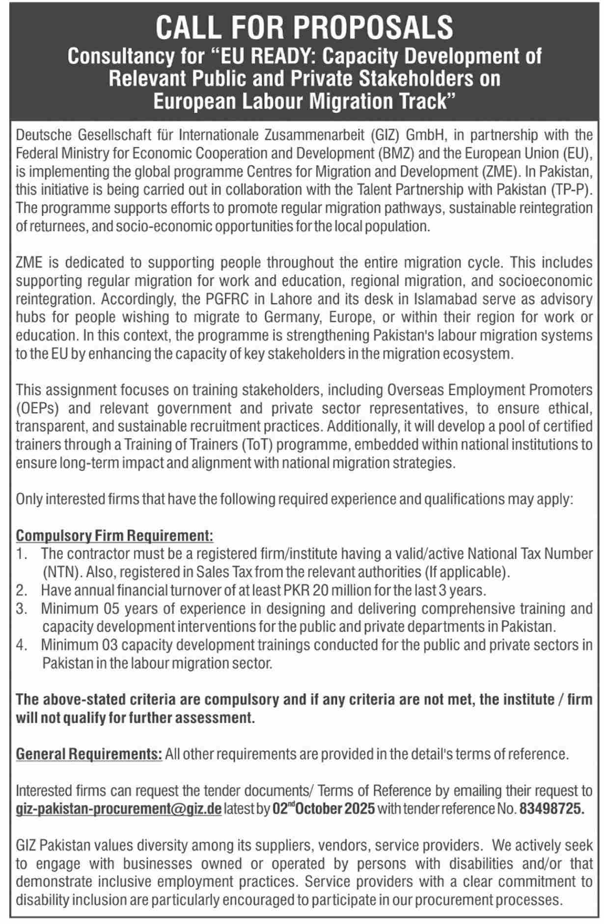 Deutsche Gesellschaft Fur Internationale Zusammenarbeit Tender Notice